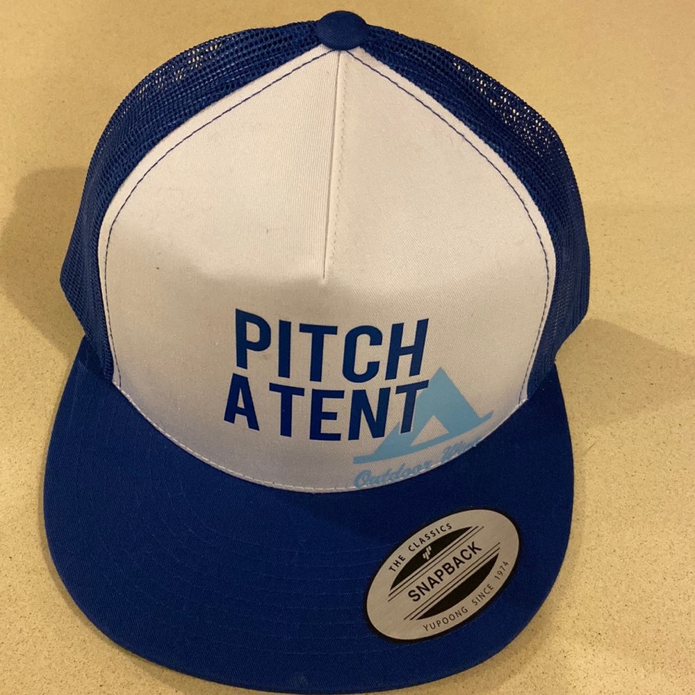 Blue & White “Pitch a tent….Outdoor wine” Trucker hat 🧢